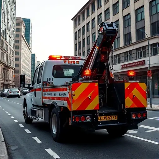 Эвакуатор на 3-й Самотечной: Полное руководство A realistic tow truck parked on a city street named 3rd Samotetskaya, with surrounding urban buildings, road markings, and a clear view of the truck's hook and lights, captured in a detailed yet compact composition