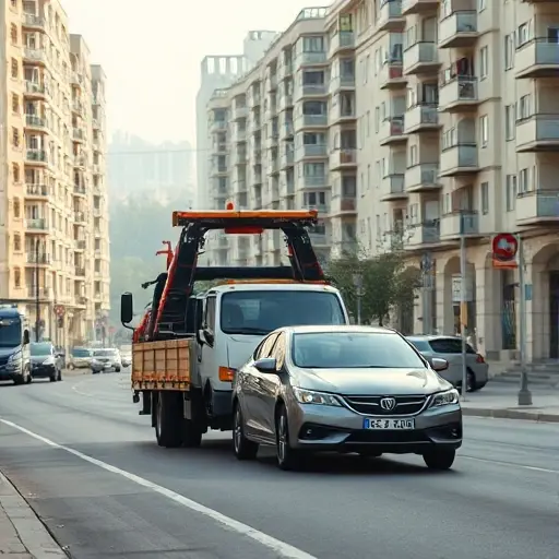 A realistic scene of a tow truck (evacuator) operating in the South-Eastern district of Moscow (ЮАО). The truck is pulling a small sedan onto a city street lined with typical Moscow apartment buildings, street signs, and a hint of the Moscow skyline in the background. The atmosphere is daytime with soft natural lighting, showing the urban environment and the tow service in action, without any text or logos.