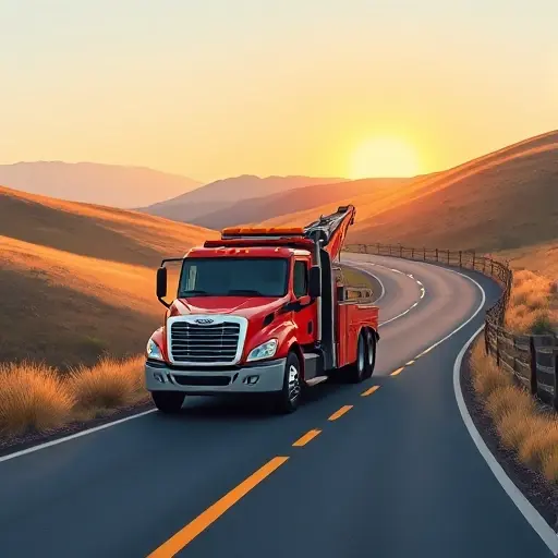 A detailed illustration of a modern tow truck driving along a winding road that blends an alley and a symbolic life path, with gentle hills, a sunrise in the background, and a calm sky, rendered in a realistic yet compact style, focusing on the vehicle and the road environment without any letters, numbers, or text