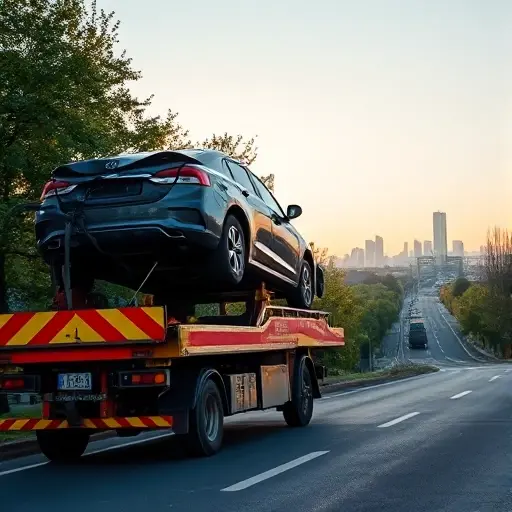 A tow truck in the Moscow region rescuing a damaged car after an accident, with the vehicle being lifted onto the truck's platform. The scene shows a suburban road with trees and distant city buildings under a clear sky, emphasizing the professional evacuation service. No text, logos, or signage.