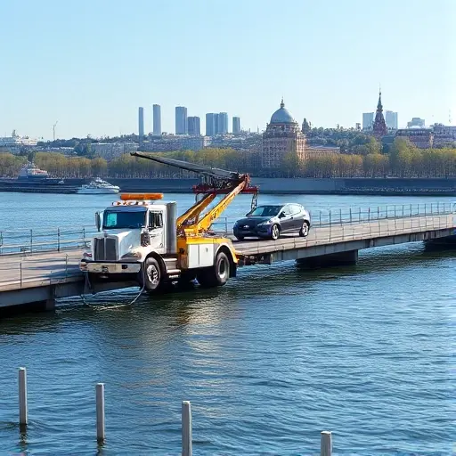 A tow truck on the Aminyevsky Bridge, towing a car across the bridge over water, with a city skyline in the background, a clear sky, no people or text visible, realistic style