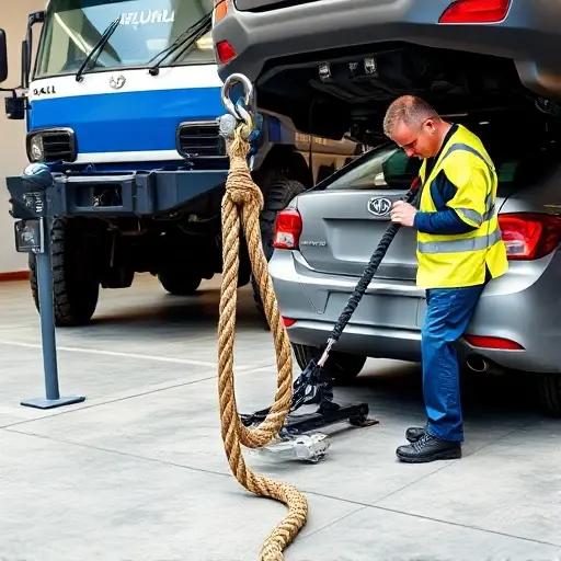 A Ural truck positioned beside a car ready for towing. The truck's tow hook is lowered and a thick tow rope is attached to the car's tow point. A mechanic in a reflective vest is inspecting the car's undercarriage, holding a wrench. The scene shows a clear, well-lit garage environment with a concrete floor, a parking meter, and a small sign indicating 'Tow Service'. The Ural truck's front is visible, with its distinctive rugged design and a blue and white color scheme. The car is a compact sedan, partially exposed, with its rear bumper and tow hook visible. The overall composition emphasizes the preparation steps for towing, with focus on the tow hook, rope, and mechanic's actions.