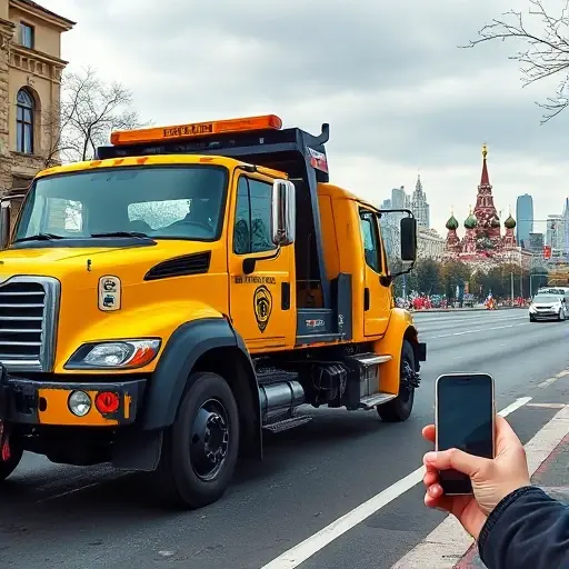 A bright yellow and black tow truck parked on a Moscow street, with a price tag icon on its side, a person holding a phone in one hand, a city skyline of Moscow in the background, all depicted without any text, letters, or digits