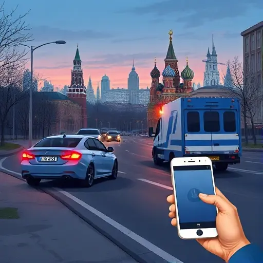 A realistic illustration of a Moscow street at dusk showing a broken-down car parked on the side of the road, a blue and white tow truck with flashing lights approaching the vehicle, a hand holding a smartphone near the car to suggest a callback, the city skyline with recognizable Moscow architecture in the background, all rendered in the smallHQ style without any text, letters, or numbers.