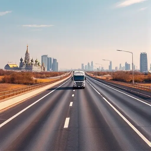 A realistic scene showing a modern tow truck driving on a highway that connects two major Russian cities, with the skyline of Moscow visible in the background on one side and the skyline of Rostov-on-Don on the other side. The road stretches across the image, emphasizing movement and distance, with clear sky and subtle details of the surrounding landscape, but no text, signs, or logos.