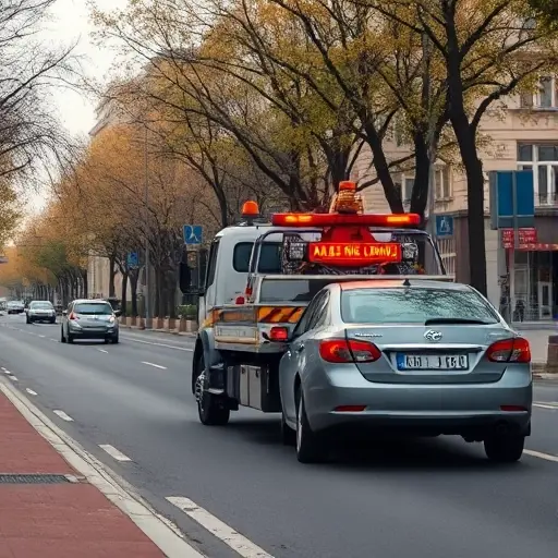 A realistic scene of a tow truck parked on a city street named Aleya Letchikov, assisting a broken-down vehicle. The street is lined with trees and streetlights, with a subtle urban background. The tow truck is clearly visible, with its hook and lights, but no text, logos, or signage are present. The atmosphere is daytime, clear sky, and the focus is on the vehicle assistance scenario.