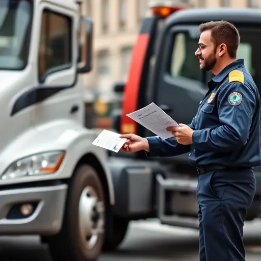 A professional tow truck driver in a uniform handing a stack of official documents to a client beside a modern tow truck, with the vehicle's hook attached to a parked car; the background shows a city street with blurred buildings, emphasizing the process of arranging a tow and completing paperwork, all depicted in a realistic yet compact high-quality style