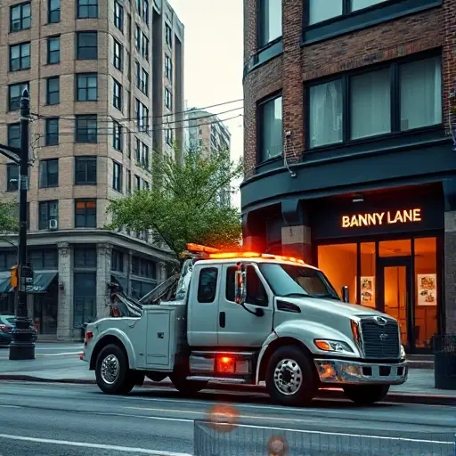 A realistic city street scene on Banny Lane featuring a modern tow truck parked beside a small storefront, with subtle visual cues indicating online services and aggregator platforms, such as faint glowing network lines or abstract digital icons hovering around the truck, all rendered in a compact high-quality style without any visible text, letters, or numbers.