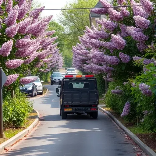 A small tow truck navigating a narrow, winding alley lined with blooming Hungarian lilac bushes, showing the challenging approach and tight road sections. The scene is realistic with detailed vehicles and foliage, captured from a slightly low angle to emphasize the narrowness of the street and the tow truck's maneuvering.