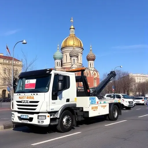 Эвакуатор на сутки Москва: Полное руководство A tow truck parked on a Moscow street with the Kremlin dome visible in the background under a clear sky, emphasizing the professional service vehicle without any people or signage