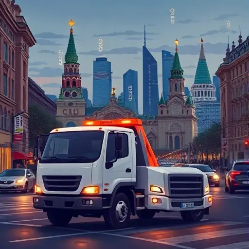 вызов эвакуатора в москве цены A realistic illustration of a modern tow truck parked on a busy Moscow street at dusk, with the iconic Moscow skyline in the background, subtle floating price tags around the truck, no people, no other vehicles, no text or lettering, no numbers, no digits, focus on the tow truck and city lights.
