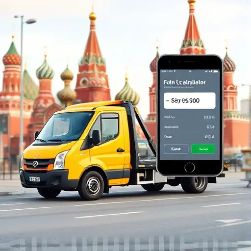 A modern tow truck with a bright, friendly design parked on a Moscow street, with recognizable city landmarks such as the Kremlin dome and St. Basil's Cathedral in the background. The scene conveys affordability and convenience, showing a digital tablet or smartphone screen hovering nearby displaying a simple cost calculator interface (without any visible text), emphasizing online, free price estimation. The overall mood is clean, professional, and inviting, suitable for a smallHQ style illustration.