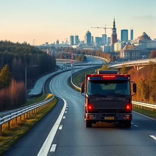 A realistic scene of a modern tow truck driving along a highway that stretches from a forested, river‑lined region reminiscent of Kostroma toward a bustling urban skyline representing Moscow, with the truck's lights on and a clear sky, emphasizing the journey and transport aspect without any text or signage.