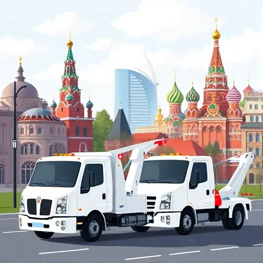 A realistic illustration of Moscow cityscape with iconic landmarks like the Kremlin and St. Basil's Cathedral in the background, and a modern tow truck parked on a street in the foreground, suggesting the concept of finding a tow service. The scene should convey a sense of comparison by showing two different tow trucks side by side, each with distinct but neutral designs, without any logos, text, or signage.