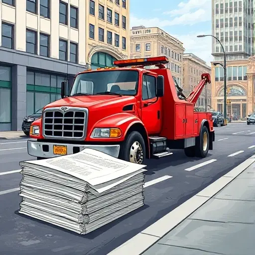 A realistic depiction of a tow truck parked on a city street, with a stack of legal documents beside it, all shown without any text, lettering, or numbers, in a detailed, high-quality illustration.
