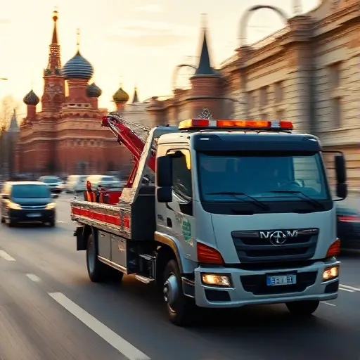 A modern tow truck speeding down a busy Moscow street, with the silhouette of the Kremlin and typical Russian buildings in the background, bright daylight, motion blur to convey rapid arrival, realistic details and vibrant colors, no text or signage