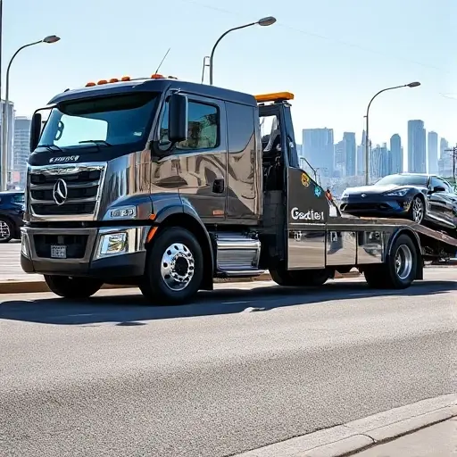 A sleek, modern tow truck, the Gazelle Next model, parked on a city street with a car being towed. The scene is bright and detailed, with clear reflections on the truck’s chrome and a subtle city skyline in the background. No text, letters, or digits are present.