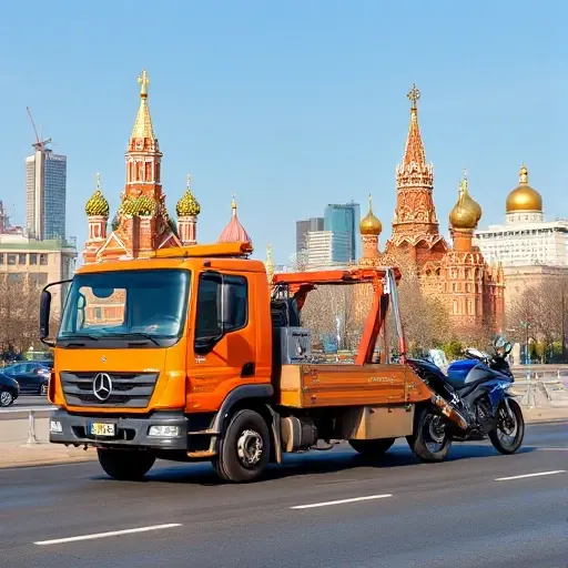 A tow truck in a Moscow cityscape towing a motorcycle, with the truck’s cab visible and the motorcycle attached, set against a clear skyline, no text, letters, numbers, logos, people, animals, or other vehicles, in a realistic style
