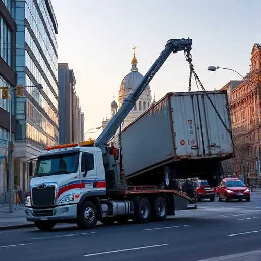 A realistic scene of a large tow truck lifting a heavy cargo truck on a busy Moscow street, with recognizable city elements such as the Kremlin dome silhouette in the background, modern buildings, and a clear sky. The tow truck is equipped with a sturdy winch and hydraulic arms, and the scene conveys professionalism and reliability without any text or logos.