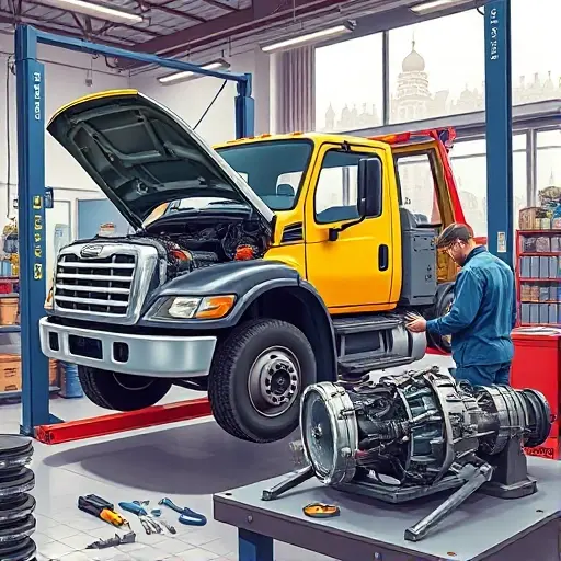 A detailed illustration of a tow truck in a Moscow repair workshop, with a mechanic examining the engine and transmission components. The scene shows the vehicle on a lift, open hood revealing engine parts, transmission nearby, assorted tools on a workbench, and subtle hints of Moscow architecture through a window in the background. The atmosphere is professional and focused, with realistic lighting and a clean, industrial environment.