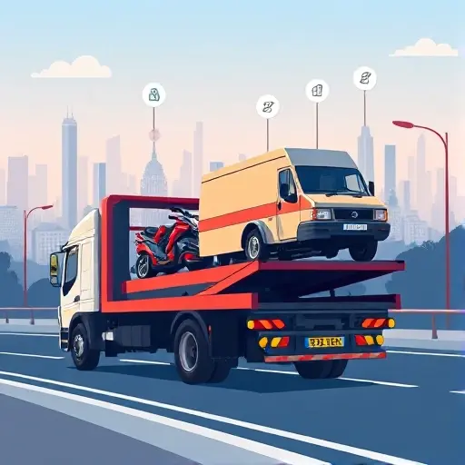 A realistic smallHQ style illustration showing a modern tow truck in New Moscow, with a city skyline in the background, a road with various vehicles (car, motorcycle, van) being lifted onto the truck's platform, and subtle visual elements like price tags represented by floating icons or bubbles, without any readable text or numbers.