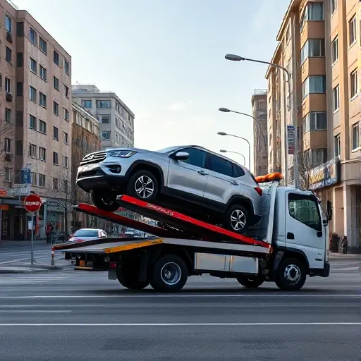 Эвакуатор в районе Бескудниковский: Полное руководство A realistic scene of a tow truck operating on a city street in the Beskudnikovsky district, with urban buildings, streetlights, and a parked car being lifted onto the truck's platform under a clear sky. The composition focuses on the vehicle and the surrounding city environment, without any text, logos, or signage.