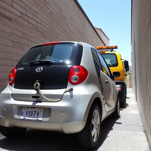 A compact car parked in a narrow alley, with a tow truck positioned beside it. The car has a tow hook attached to its rear and a tow rope visible, indicating readiness for towing. The alley walls are visible, and the scene is set during daylight with a clear sky. No text or lettering is present in the image.