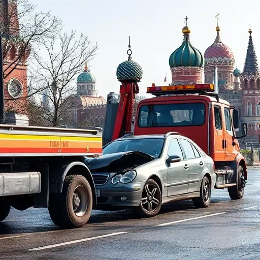 A realistic scene of a tow truck in Moscow assisting a damaged car after an accident, with recognizable Moscow architecture such as the Kremlin dome or typical city buildings in the background, showing the tow truck's hook lifting the vehicle, under a clear sky, no text or signage