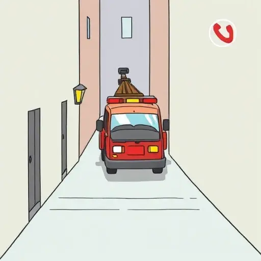 A tow truck pulling a car out of a narrow, unnamed alleyway, with a subtle phone service icon in the corner, all depicted in a clean, small high-quality illustration style, no text or lettering visible