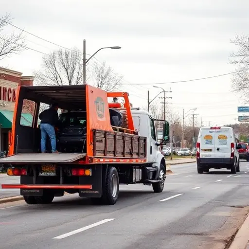 вызов эвакуатора область A realistic scene of a tow truck parked on a city street in a regional setting, with the driver opening the rear hatch to load a vehicle, a roadside assistance vehicle nearby, and a subtle background of a small town or suburban area, illustrating the concept of calling a tow truck in the region. No text or signage.