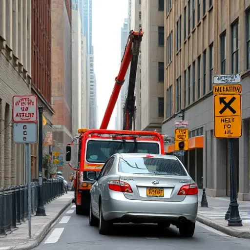 A city street scene showing a tow truck lifting a car that is parked illegally on a narrow road, with surrounding urban buildings and traffic signs without any visible text or numbers, capturing the tension of unauthorized parking and municipal enforcement