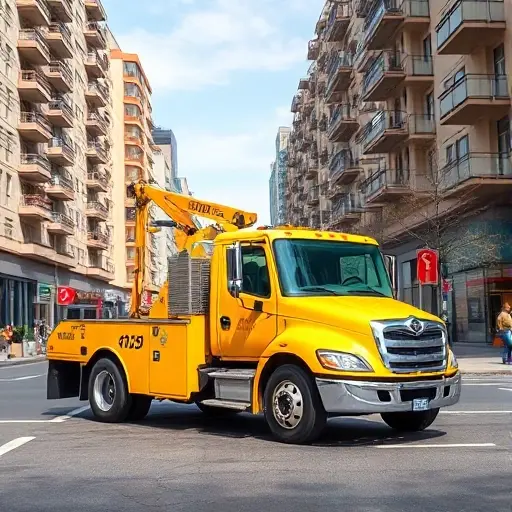 A bright yellow tow truck parked on a bustling city street, with modern apartment buildings and a clear sky, no text or signage visible.