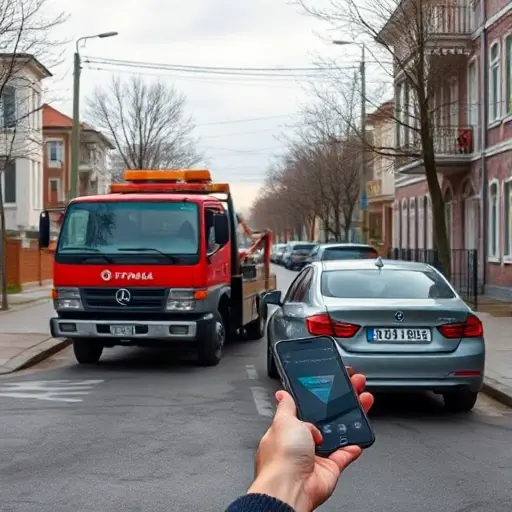 A tow truck parked beside a stalled car on a quiet street in a small Russian town, with a clear view of a phone in hand, no text or signage, realistic style
