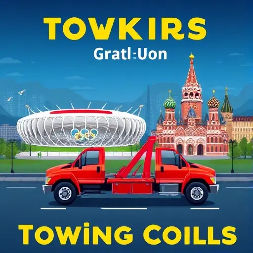 A realistic illustration of a tow truck positioned between the Sochi Olympic Stadium and the Moscow Kremlin, with the cityscapes of Sochi and Moscow in the background, visually representing a guide to towing costs, no text or lettering, no people, no other vehicles