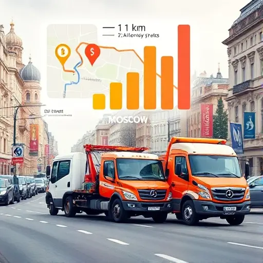 A realistic illustration of a tow truck parked on a bustling Moscow street, with iconic city landmarks subtly visible in the background. The scene includes a stylized, color-coded map overlay showing a 1 km route, with floating price icons (e.g., a coin symbol, a dollar sign) representing different company rates. The composition emphasizes comparison by arranging three distinct tow trucks side by side, each with a unique color scheme, and a subtle, abstract bar graph hovering above them to indicate price differences. No textual labels or numbers are present, only visual cues of cost and distance.