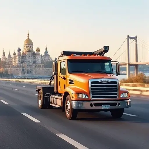 A realistic tow truck (evakuator) driving on a highway with a backdrop showing recognizable landmarks of Moscow and Saratov, such as the Kremlin silhouette and the Saratov Bridge, under a clear sky. The scene should focus on the vehicle and the road, with subtle hints of the two cities in the background, without any text or signage.