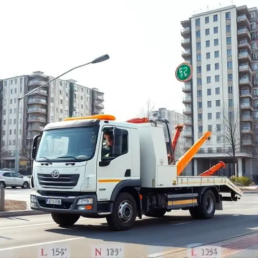A reliable tow truck (evakuator) parked on a street in Eastern Moscow, with recognizable Moscow architecture in the background such as typical apartment blocks and a street sign indicating the eastern district, under a clear sky. The scene conveys affordability and trustworthiness, showing the truck with clean lines, a professional driver in uniform (no facial details), and subtle visual cues of cost-effectiveness like a modest price tag icon floating nearby, without any actual text or numbers.