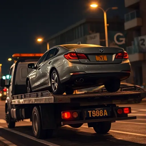 A tow truck transporting a damaged car on its flatbed at night, car has visible scratches and a dented bumper from improper loading, urban street setting, dim streetlights, realistic lighting, high detail