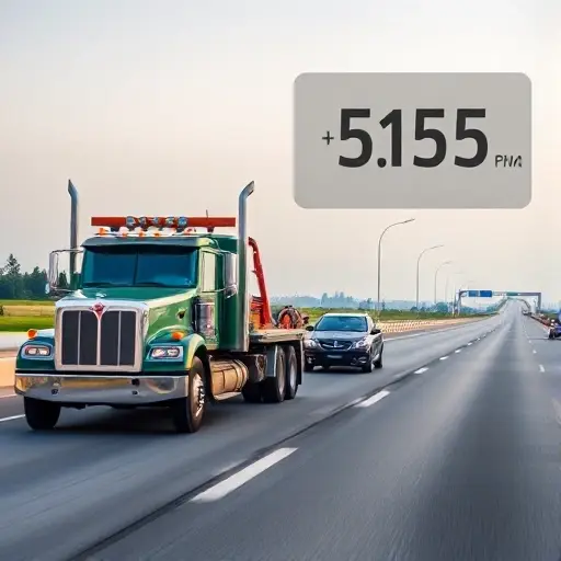 A tow truck pulling a car on a highway with a visible distance meter and a price tag graphic overlay, showing a clear road and a calm background, no text or numbers