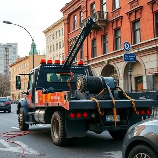 A realistic scene of a Moscow tow truck equipped with a powerful winch, positioned on a city street with recognizable Moscow architecture such as a red brick building and street signs, the tow truck's winch cable extending toward a parked car, under a clear sky, detailed but compact composition