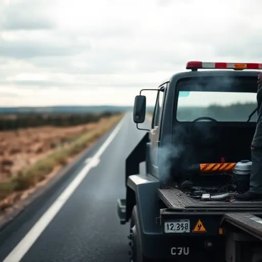 A detailed scene of a tow truck (evakuator) stranded on a highway between Simferopol and Moscow due to a technical malfunction, showing the vehicle with an open hood, smoke, and a mechanic inspecting the engine, with a distant blurred landscape of steppe and forest, emphasizing the breakdown situation without any text or signage