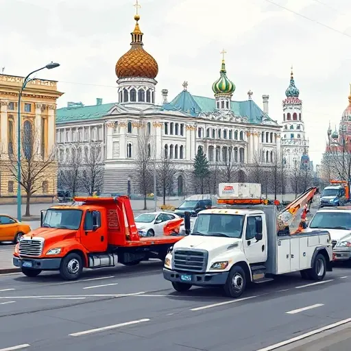 A realistic illustration of several types of tow trucks (flatbed, hook and chain, wheel-lift, and heavy-duty) parked on a busy Moscow street near Medvedkovo, with iconic Moscow architecture in the background, showing their different applications, no text or lettering