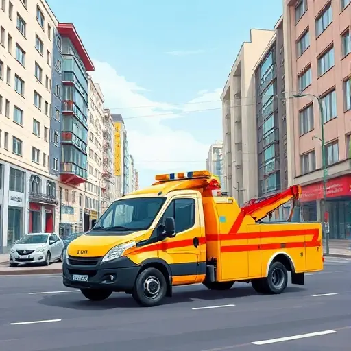 A realistic illustration of a modern tow truck (evacuator) parked on a city street in Zelenograd, Moscow, surrounded by typical urban buildings and a clear sky, emphasizing the vehicle and the urban environment without any text or logos.