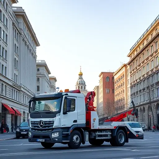 авито москва эвакуаторы A realistic scene of a modern tow truck with a crane arm parked on a busy Moscow street, surrounded by typical Russian city buildings and a hint of the Kremlin dome in the background, under a clear daytime sky