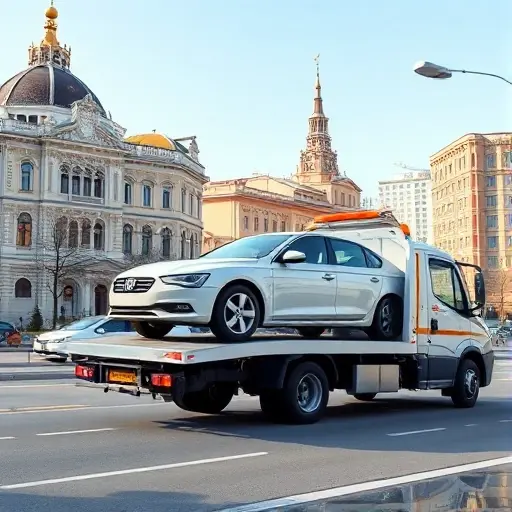 A realistic illustration of a Moscow street scene featuring a modern tow truck performing a partial load: the truck's platform holds only the front half of a sedan, with the rear wheels still on the road. In the background, typical Moscow architecture such as historic buildings and apartment blocks under clear daylight. The composition focuses on the tow truck and the partially loaded vehicle, with no text or signage.
