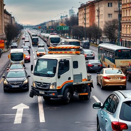 A realistic scene of a modest tow truck (evacuator) parked on a busy Moscow street in the North-West district (SZAO), surrounded by dense traffic of cars and buses. The road shows signs of congestion and a minor accident with a damaged vehicle, highlighting traffic density and accident risk. The atmosphere is urban, with typical Moscow buildings and streetlights, under overcast sky. No text, logos, or signage visible.