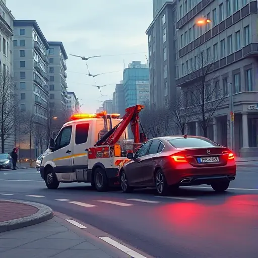 A realistic smallHQ style illustration of a tow truck (evacuator) pulling a disabled car on the second Nagatinsky Proezd street, with urban buildings, streetlights, and a calm city atmosphere, no visible text or signage