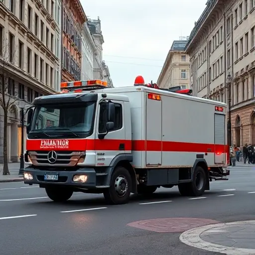 A realistic tow truck (evacuator) parked on a city street named 3rd Nagatinsky Proezd, with surrounding urban buildings, street lamps, and a subtle sense of a guide or tutorial atmosphere, no text or signage visible