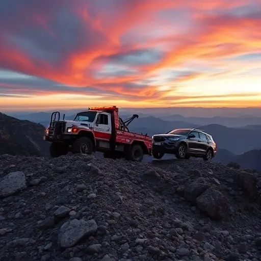 A rugged tow truck on a steep rocky slope, pulling a stranded car up a mountain path, dramatic sunset sky, distant peaks, no text or logos