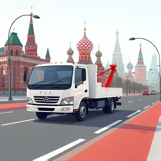 A realistic illustration of a tow truck (evakuator) driving on a Moscow street, with recognizable city elements such as the Kremlin dome silhouette and typical Moscow architecture in the background. The scene shows a road with a distance marker indicating a kilometer, but without any text, numbers, or letters. The tow truck is prominent, with a clean, detailed appearance, and the overall composition is bright and clear, matching the smallHQ style.